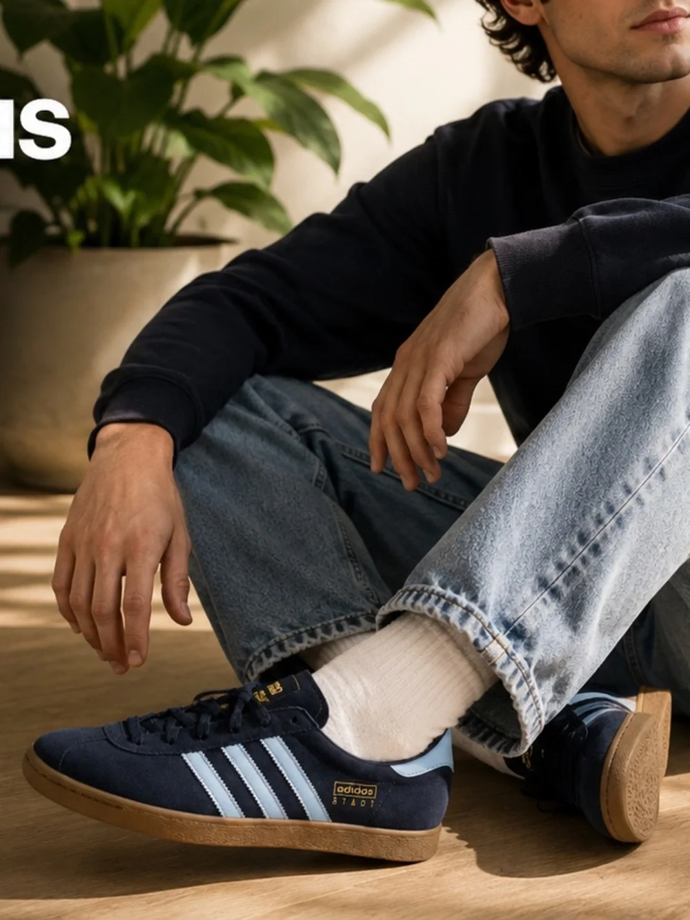 adidas Navy STADT Suede Sneakers with Light Blue Stripes and Gum Sole 10.5M